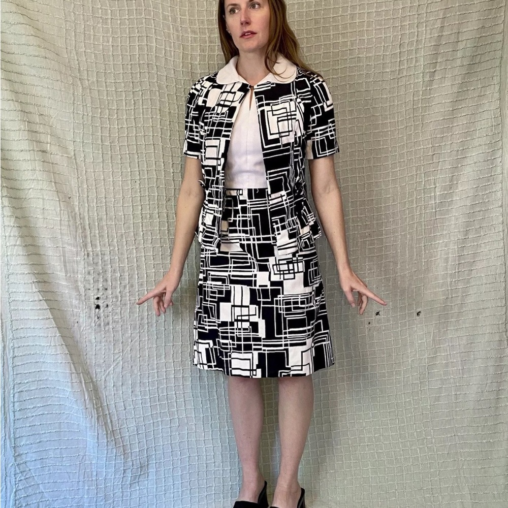 Vintage 60s Mod Black & White Geometric Print Dress Jacket Set by Rona size M - Picture 3 of 15